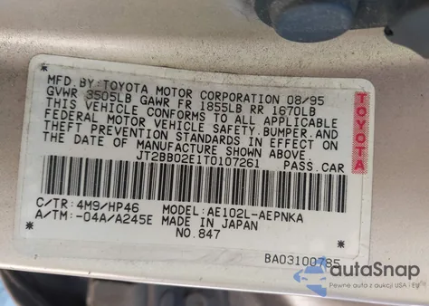 1996 Toyota Corolla Dx из США, поврежденный, VIN JT2BB02E1T0107261